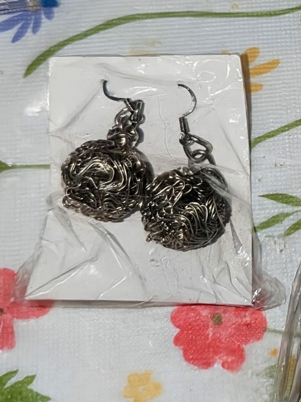 Silver Textured Wire Ball Dangle Earrings
